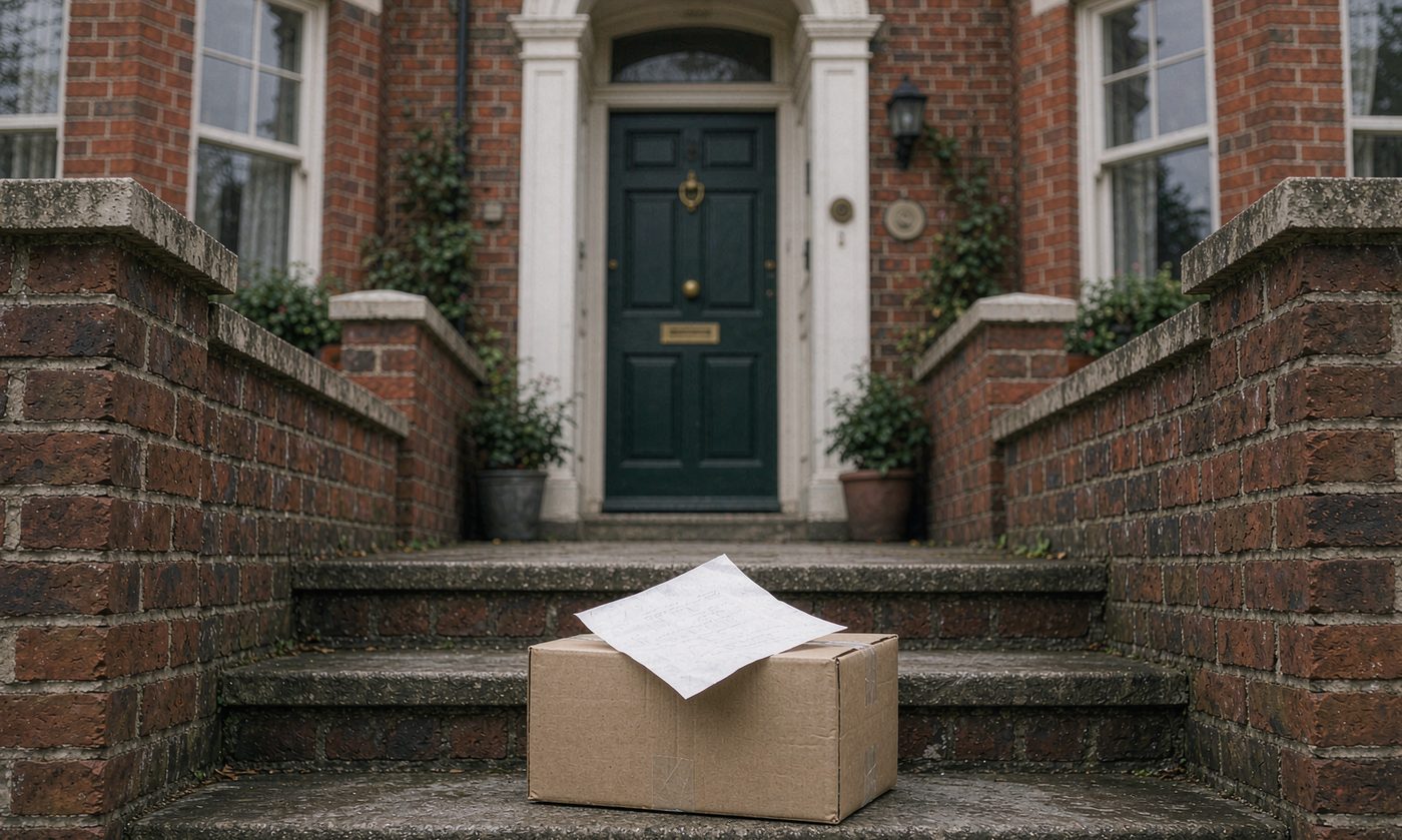 Home Freightwise parcel and delivery note left on a doorstep