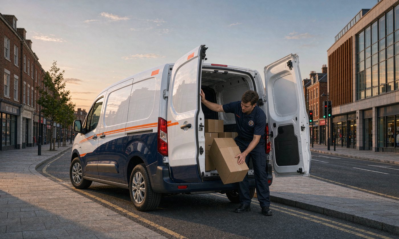 Home Freightwise courier van unloading parcels on a British high street